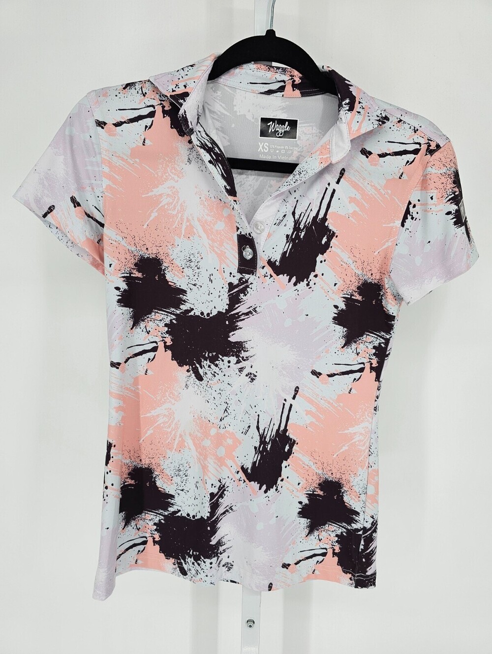 Waggle Womens Sz XS Short Sleeve Performance Polo Golf Shirt Pink Black Paint